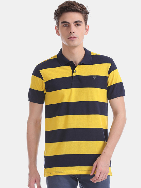 

Ruggers Men Yellow & Navy Blue Striped Polo Collar T-shirt