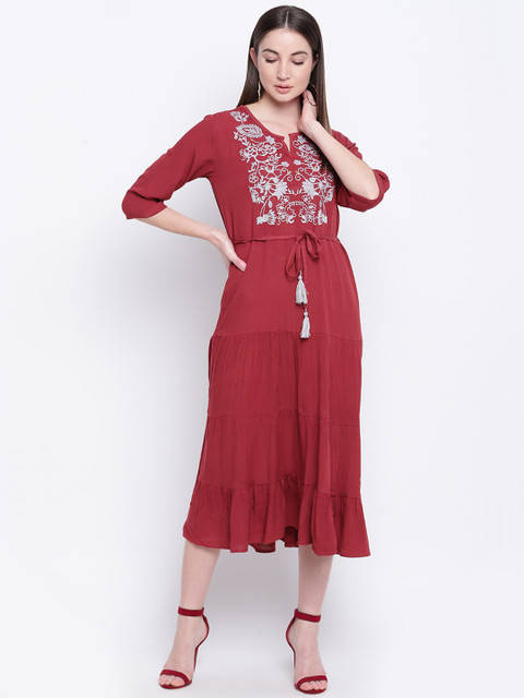 

Napra Women Maroon Embroidered Tiered Fit and Flare Dress