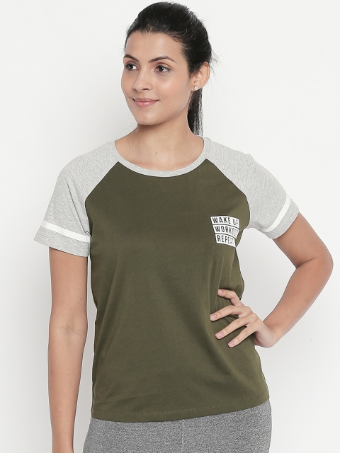 

Ajile by Pantaloons Women Olive Green & Grey Printed Round Neck T-shirt