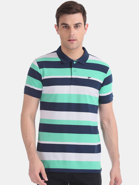 

Ruggers Men Navy Blue & Green Slim Fit Striped Polo Collar T-shirt