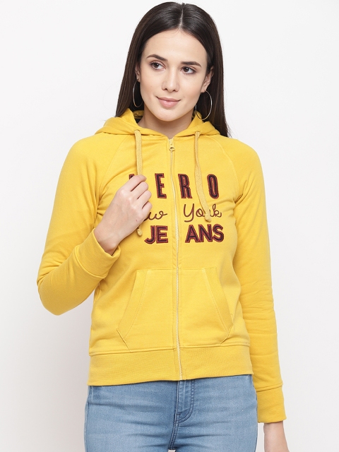 

Aeropostale Women Yellow & Brown Printed Hooded Front-Open Sweatshirt