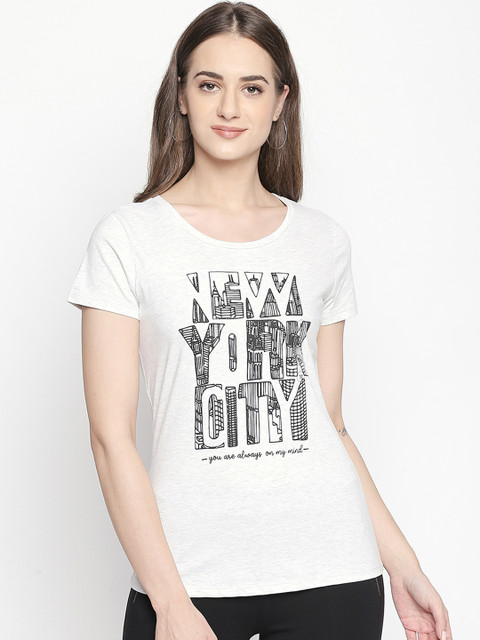 

Honey by Pantaloons Women Grey Printed Round Neck Pure Cotton T-shirt