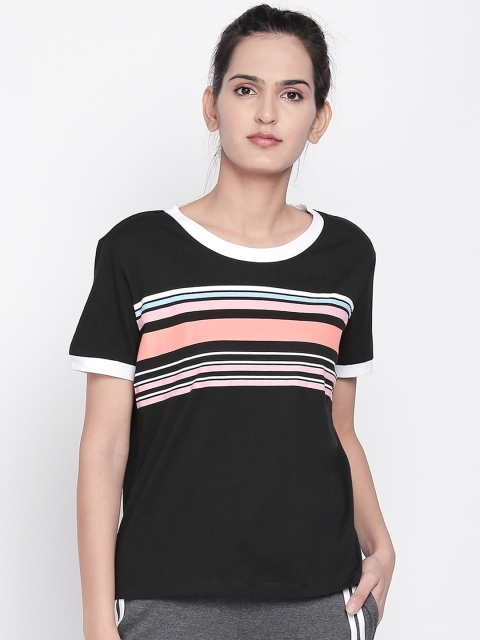 

Ajile by Pantaloons Women Black White Striped Round Neck Pure Cotton T-shirt