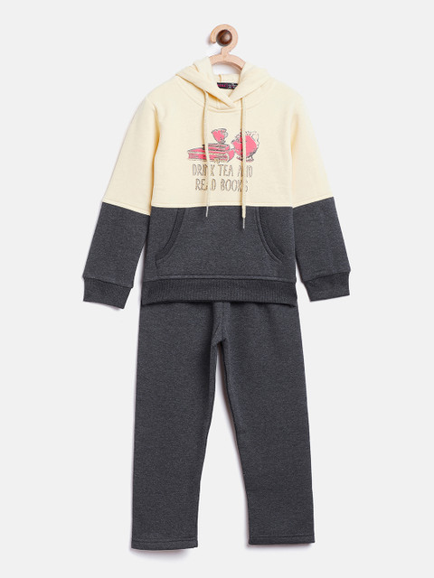 

Nins Moda Girls Charcoal Grey & Cream-Coloured Colourblocked Fleece Hooded Tracksuit