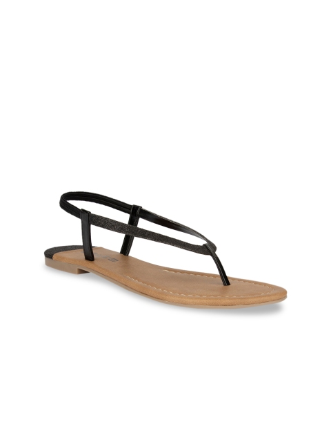 

SOLES Women Black Solid T-Strap Flats