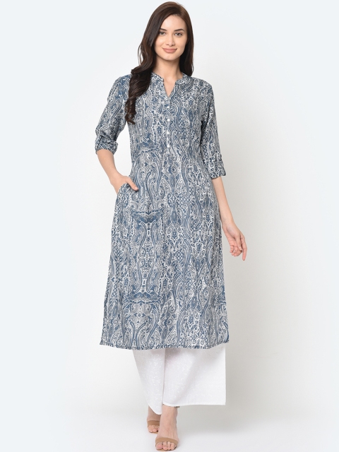 

FLAVIDO Women Blue & White Printed Straight Kurta