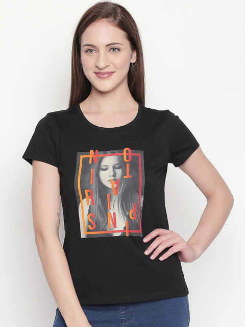 

Honey by Pantaloons Women Black Printed Round Neck Pure Cotton T-shirt