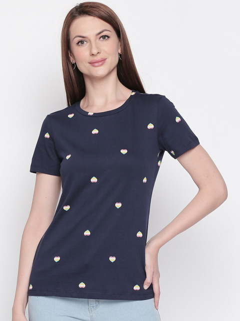 

Honey by Pantaloons Women Navy Blue Printed Round Neck Pure Cotton T-shirt