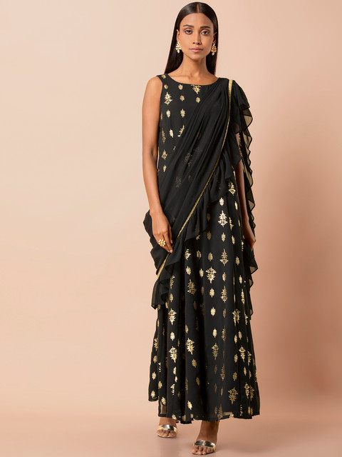 

INDYA Black Foil Tunic with Attached Ruffle Dupatta