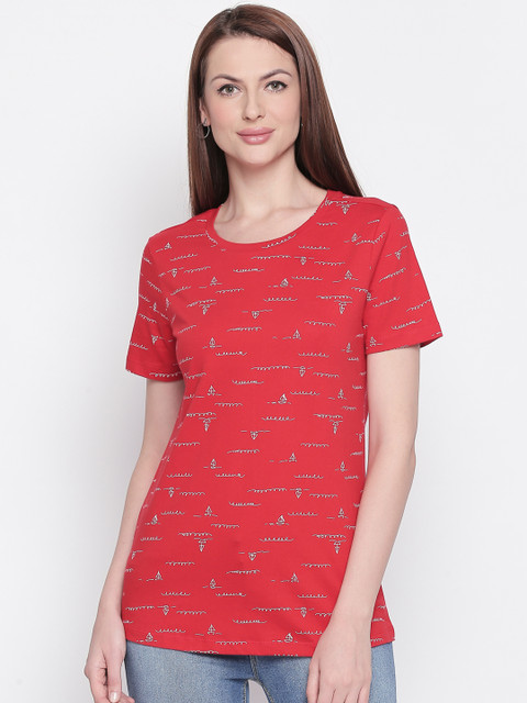 

Honey by Pantaloons Women Red Printed Round Neck Pure Cotton T-shirt