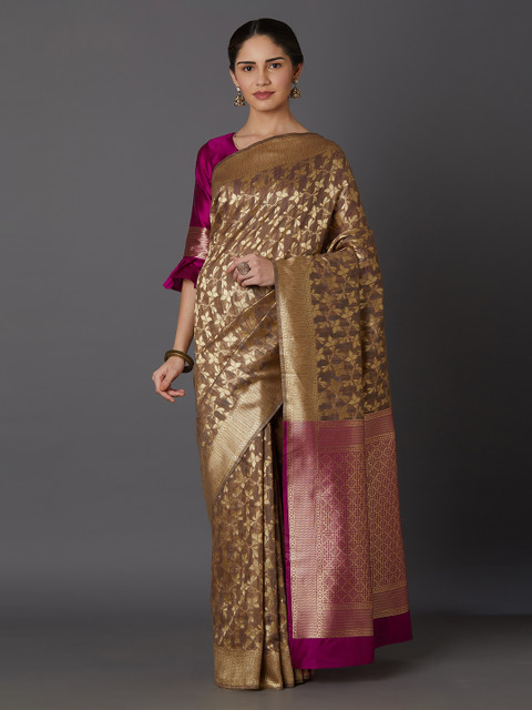 

Mitera Gold-Toned & Magenta Silk Blend Woven Design Kanjeevaram Saree