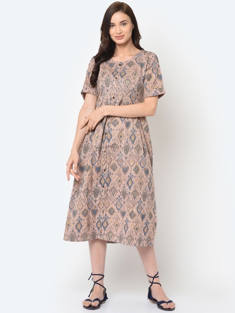 

FLAVIDO Women Pink & Blue Ikat Printed Fit and Flare Dress