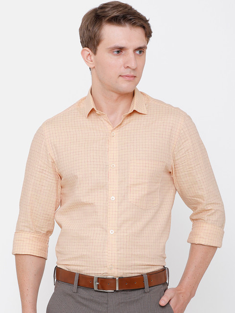 

CAVALLO by Linen Club Men Cotton Linen Orange Regular Fit Checked Formal Shirt