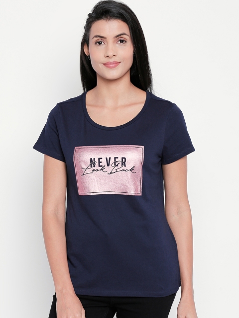 

Honey by Pantaloons Women Navy Blue Printed Round Neck T-shirt