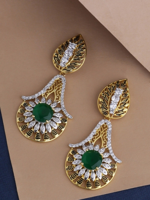 

Tistabene Gold-Plated & Green Studded Contemporary Drop Earrings