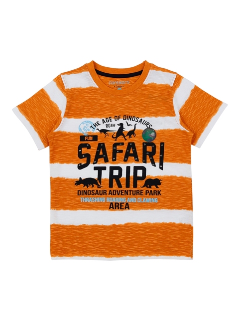 

Pantaloons Junior Boys Orange White Striped Round Neck Pure Cotton T-shirt
