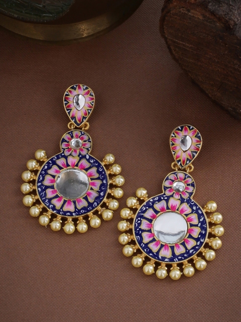 

Tistabene Pink & Blue Gold-Plated Meenakari Pearl Studded Geometric Drop Earrings
