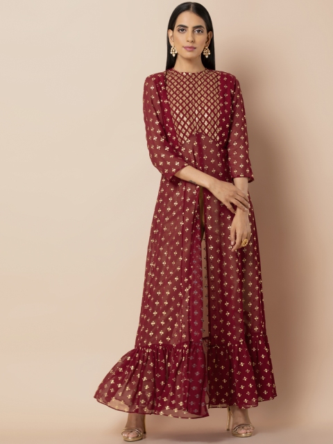 

INDYA Maroon Foil Sequined Yoke High Slit Tunic