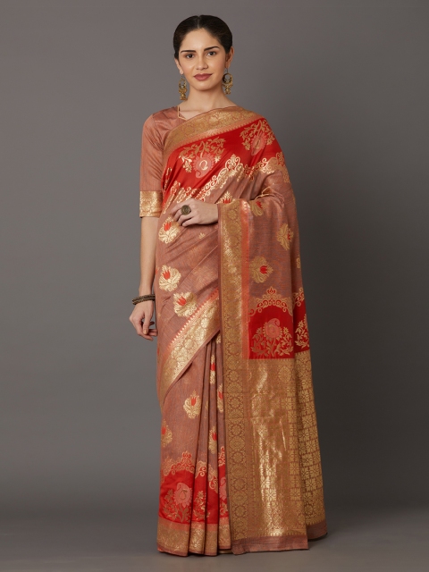

Mitera Rust Red & Gold-Toned Silk Blend Woven Design Kanjeevaram Saree
