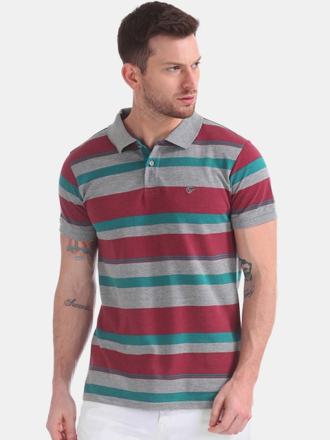 

Ruggers Men Grey & Maroon Striped Polo Collar T-shirt