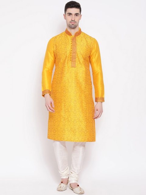 

NAMASKAR Men Mustard Yellow & White Embroidered Kurta with Churidar