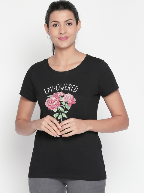 

Honey by Pantaloons Women Black Printed Round Neck Pure Cotton T-shirt