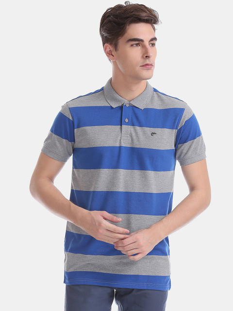 

Ruggers Men Blue & Grey Striped Polo Collar T-shirt