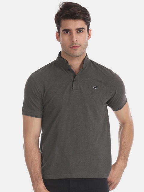 

Ruggers Men Charcoal Grey Solid Mandarin Collar T-shirt