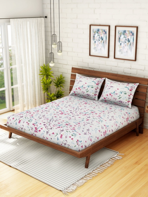 

WELHOME White & Red Floral 160 TC 1 Microfibre Queen Bedsheet with 2 Pillow Covers