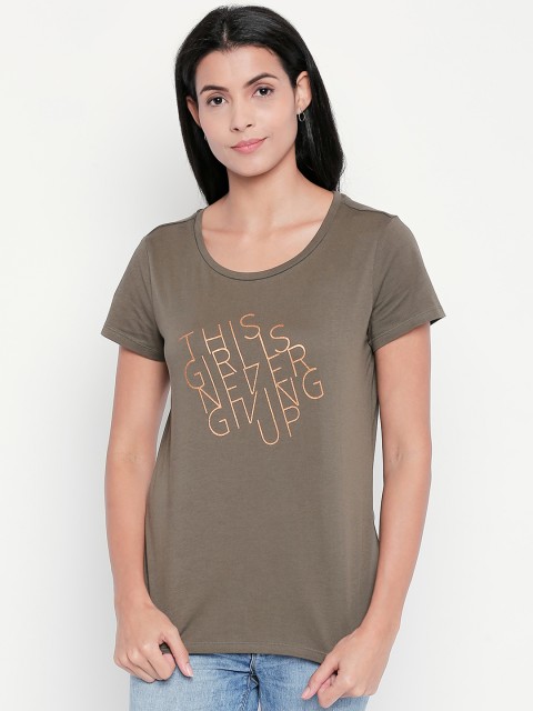 

Honey by Pantaloons Women Olive Brown Printed Round Neck Pure Cotton T-shirt