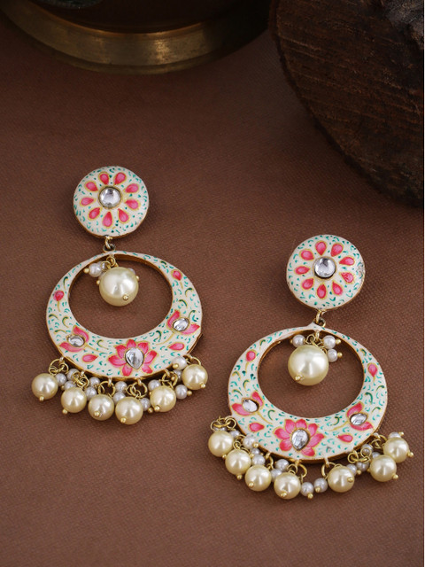 

Tistabene Cream-Coloured & Pink Gold-Plated Meenakari Hand Painted Geometric Chandbalis
