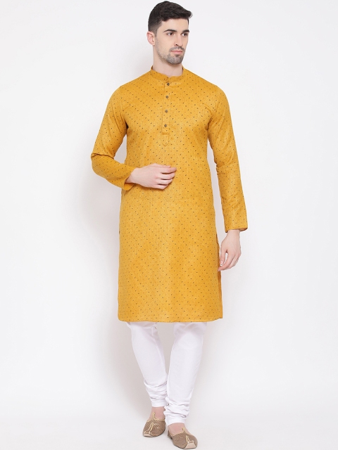 

NAMASKAR Men Yellow & White Woven Design Kurta with Churidar