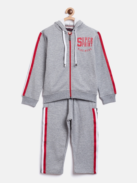 

Nins Moda Boys Grey Melange & Red Solid Fleece Hooded Tracksuit
