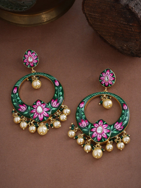 

Tistabene Green & Pink Gold-Plated Meenakari Pearl Studded Geometric Chandbalis
