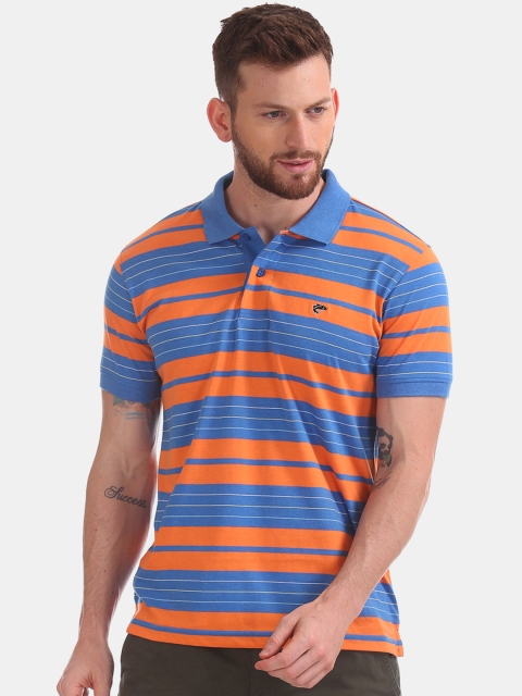 

Ruggers Men Orange & Blue Striped Polo Collar Slim Fit T-shirt