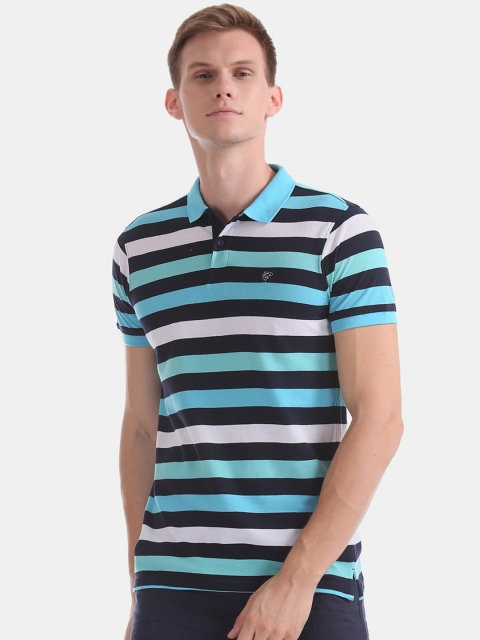 

Ruggers Men Blue Striped Polo Collar T-shirt