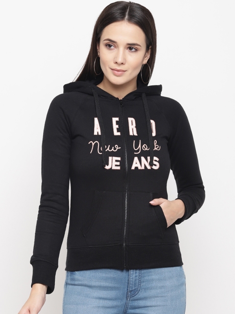 

Aeropostale Women Black & White Printed Hooded Front-Open Sweatshirt