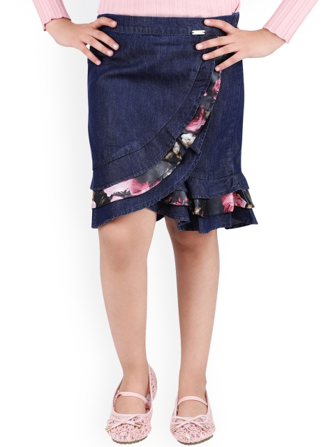 

One Friday Girls Blue Solid Denim Knee-Length Tulip Skirt