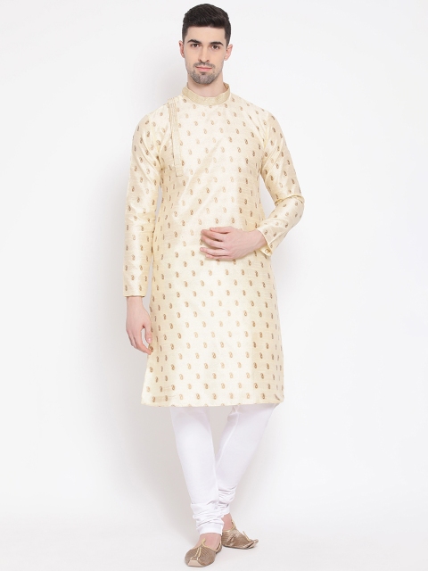 

NAMASKAR Men Cream-Coloured & White Woven Design Kurta with Churidar