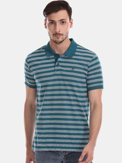 

Ruggers Men Green & Grey Striped Polo Collar Slim Fit T-shirt