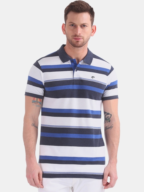 

Ruggers Men White & Blue Striped Polo Collar T-shirt