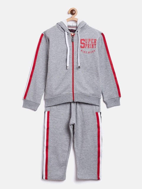 

Nins Moda Boys Grey Melange & Red Solid Fleece Hooded Tracksuit