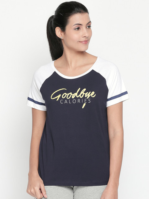 

Ajile by Pantaloons Women Navy Blue White Printed Round Neck Pure Cotton T-shirt