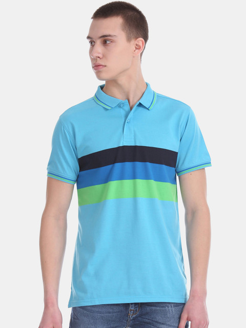 

Ruggers Men Blue Striped Polo Collar T-shirt