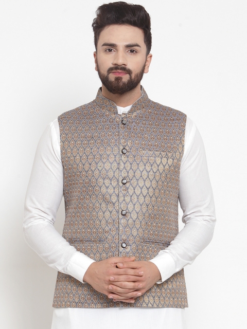 

TREEMODA Men Blue & Gold-Toned Woven Design Nehru Jacket