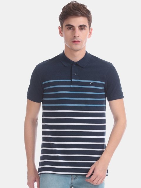 

Ruggers Men Navy Blue & White Striped Polo Collar Slim Fit T-shirt