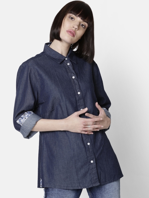 Double Two Women Navy Blue Regular Fit Faded Casual Shirt