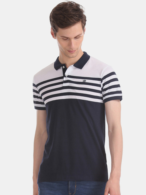 

Ruggers Men Navy Blue & White Striped Polo Collar T-shirt
