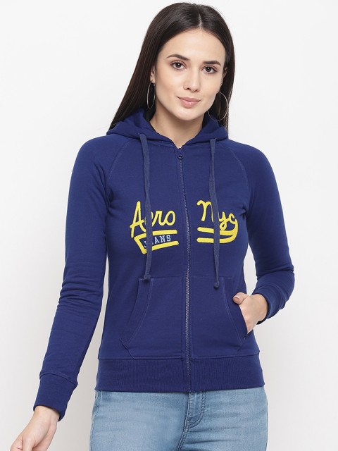 

Aeropostale Women Blue & Yellow Printed Hooded Front-Open Sweatshirt