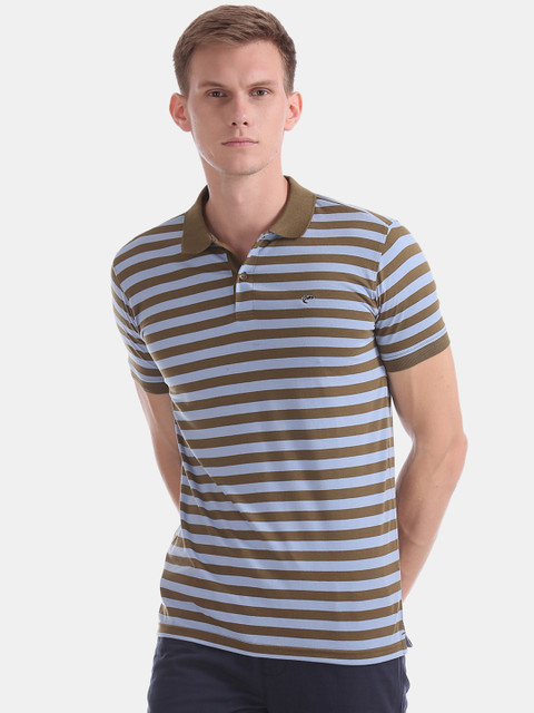 

Ruggers Men Olive Green & Blue Striped Polo Collar T-shirt